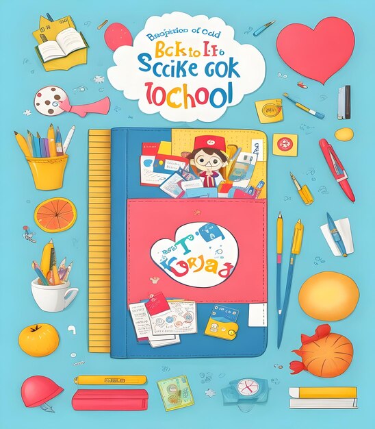 Diseño de portada para libros infantiles con accesorios escolares.