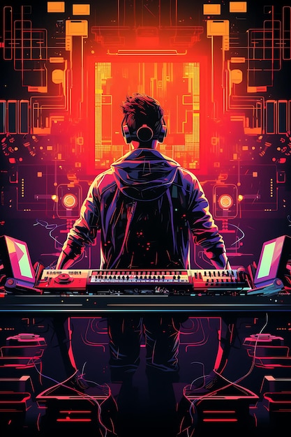 Diseño de póster de Dj Set Artista solitario en la mesa de mezcla Neon Shades y Glow Effe Vector camiseta plana 2D