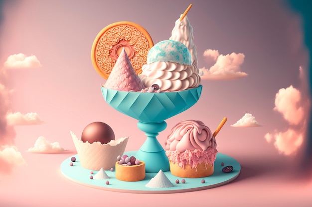 Diseño de postres de ensueño de dulcesCupcake colorido y helado IA generativa
