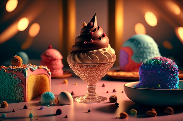 Diseño de postres de ensueño de dulcesCupcake colorido y helado IA generativa