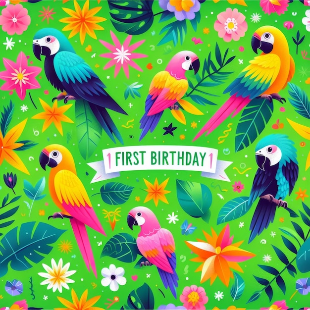 Foto el diseño de la primera tarjeta de cumpleaños de tropical parrots