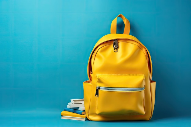 Diseño publicitario de regreso a la escuela con mochila amarilla y accesorios escolares