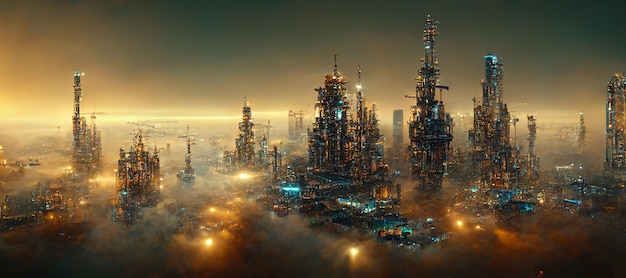 Diseño de puesta de sol en la ciudad con un concepto de tema steampunk del futuro del diseño de ilustración abstracta de la ciudad de la fábrica steampunk