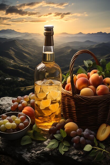 Foto diseño de rakija serbio ciruelas frutas cestas de mimbre colores de la naturaleza cyr cartel volante menú figma web