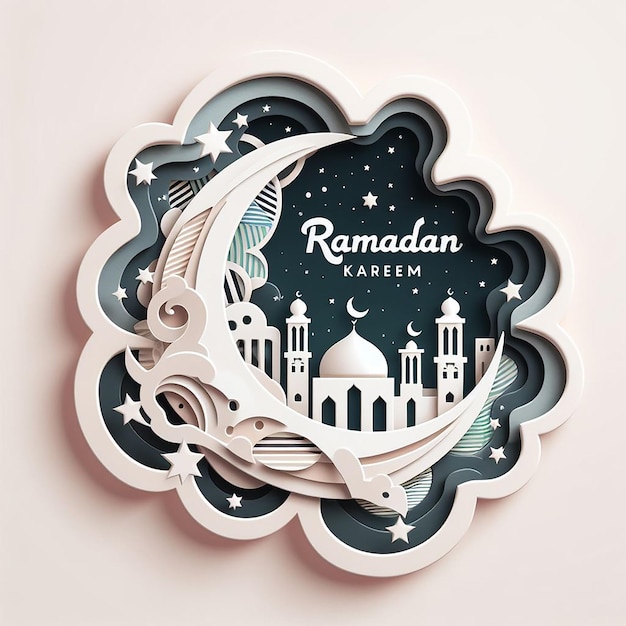 Diseño de Ramadan Kareem en estilo de corte de papel en capas con formas abstractas
