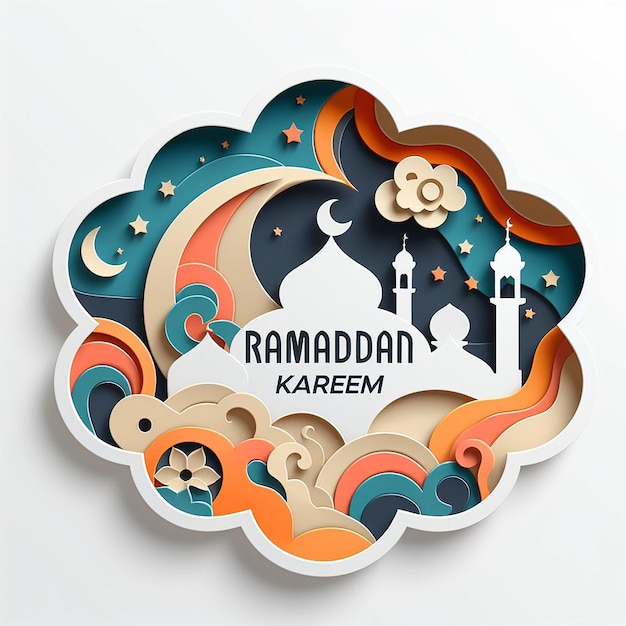 Diseño de Ramadan Kareem en estilo de corte de papel en capas con formas abstractas