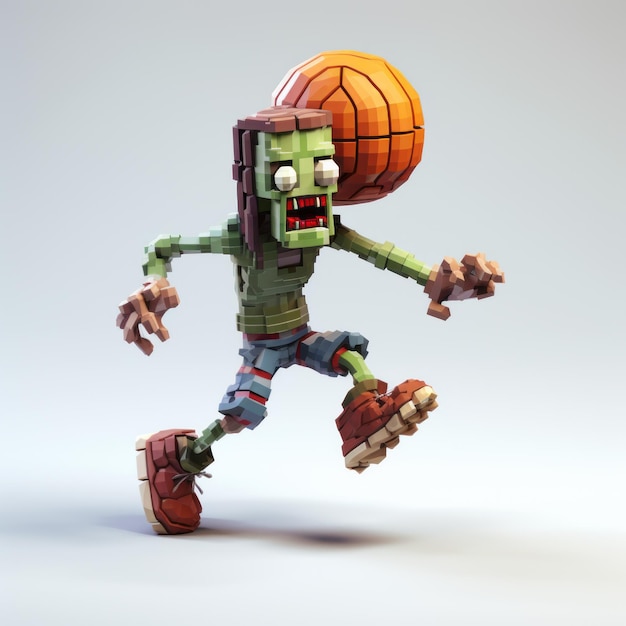 Diseño de realismo pixelado de zombies 3D de dibujos animados sosteniendo baloncesto