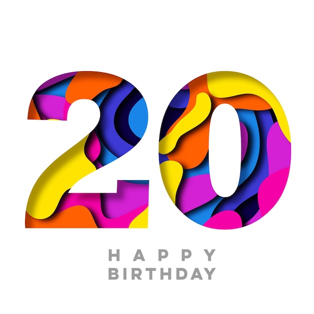 Foto diseño recortado de papel colorido número 20 feliz cumpleaños