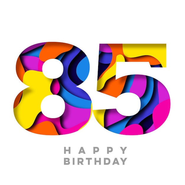 Diseño recortado de papel colorido número 85 feliz cumpleaños