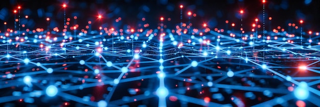 Diseño de red futurista en azul que representa la conectividad digital y la tecnología avanzada en un espacio abstracto dinámico