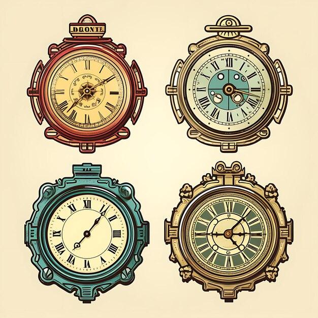 Foto diseño de relojes antiguos relojes de línea fronteriza engranajes relojes retro color clip art pie de página