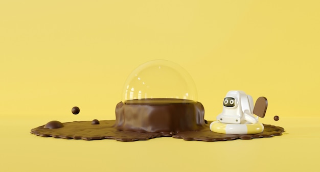 Diseño de render 3d. Niño astronauta de dibujos animados lindo amarillo pastel y agua de chocolate.