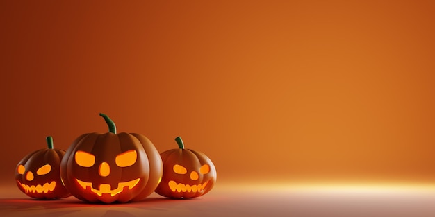 Diseño de renderización 3D para banner de Halloween con calabaza en fondo naranja con espacio de copia