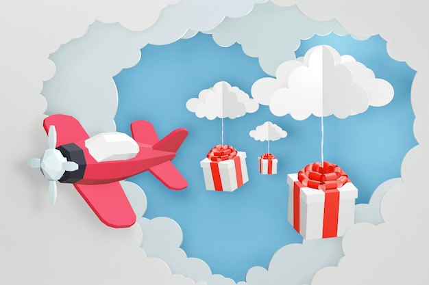 Diseño de renderizado 3D, estilo de arte en papel del avión rosa volando y caja de regalo de dispersión en el cielo.