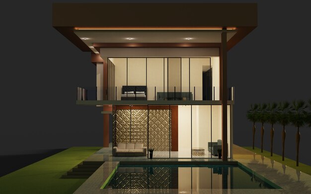 Diseño de renderizado 3d exterior moderno de la ilustración de modelo de casa con piscina