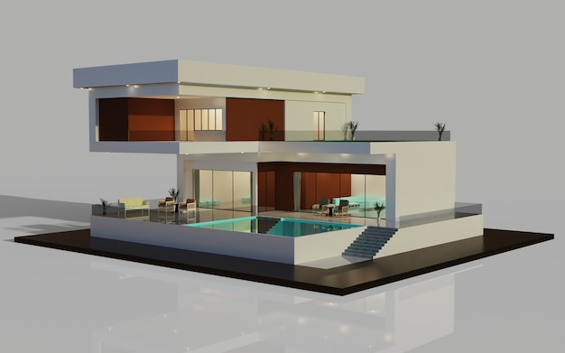 Diseño de renderizado 3d exterior moderno de la ilustración de modelo de casa con piscina