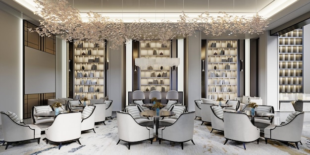 El diseño del restaurante tiene un estilo de biblioteca contemporánea con mesas con sillas mullidas y áreas apartadas con muebles tapizados en 3D