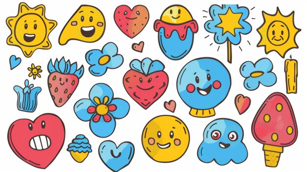 Foto diseño retro gitano hippie para uso decorativo de pegatinas incluye personajes de dibujos animados garabateo sonrisa cara helado de fresa bola de corazón burbuja genial para uso de pegatina decorativa