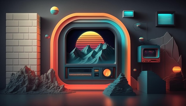 Diseño retro Synthwave 80s Estilo de fondo retro detallado 80s AI