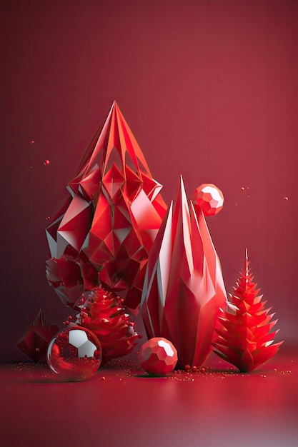 Diseño rojo creativo de fondo de fiesta con árbol de Navidad Plantilla para publicidad en redes sociales web y anuncios de moda Tarjeta de felicitación de folleto de póster Generativo de IA