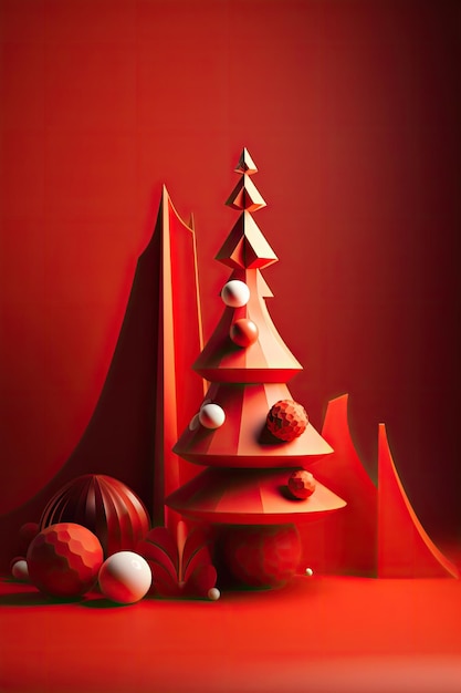 Diseño rojo creativo de fondo de fiesta con árbol de Navidad Plantilla para publicidad en redes sociales web y anuncios de moda Tarjeta de felicitación de folleto de póster Generativo de IA