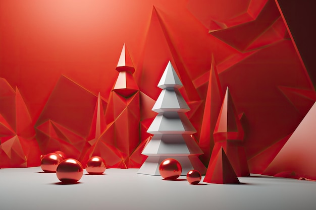 Diseño rojo creativo de fondo de fiesta con árbol de Navidad Plantilla para publicidad en redes sociales web y anuncios de moda Tarjeta de felicitación de folleto de póster Generativo de IA