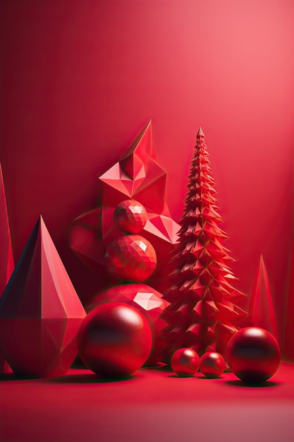 Diseño rojo creativo de fondo de fiesta con árbol de Navidad Plantilla para publicidad web, redes sociales y anuncios de moda Cartel de felicitación de folleto de cartel IA generativa