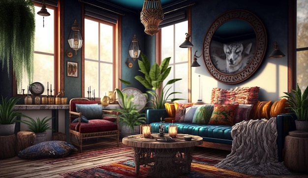 Diseño de sala de estar interior de estilo bohemio moderno Imagen generada por IA