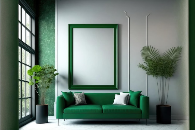 Diseño de sala de estar interior moderno verde con plantilla de marco de imagen vacía