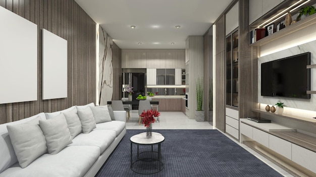 Diseño de sala de estar de lujo con mueble para TV y cómodo sofá