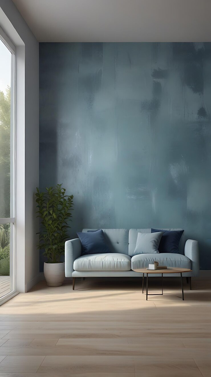 Diseño de sala de estar minimalista azul pared de color azul techo blanco sofá minimalista azul contra blanco