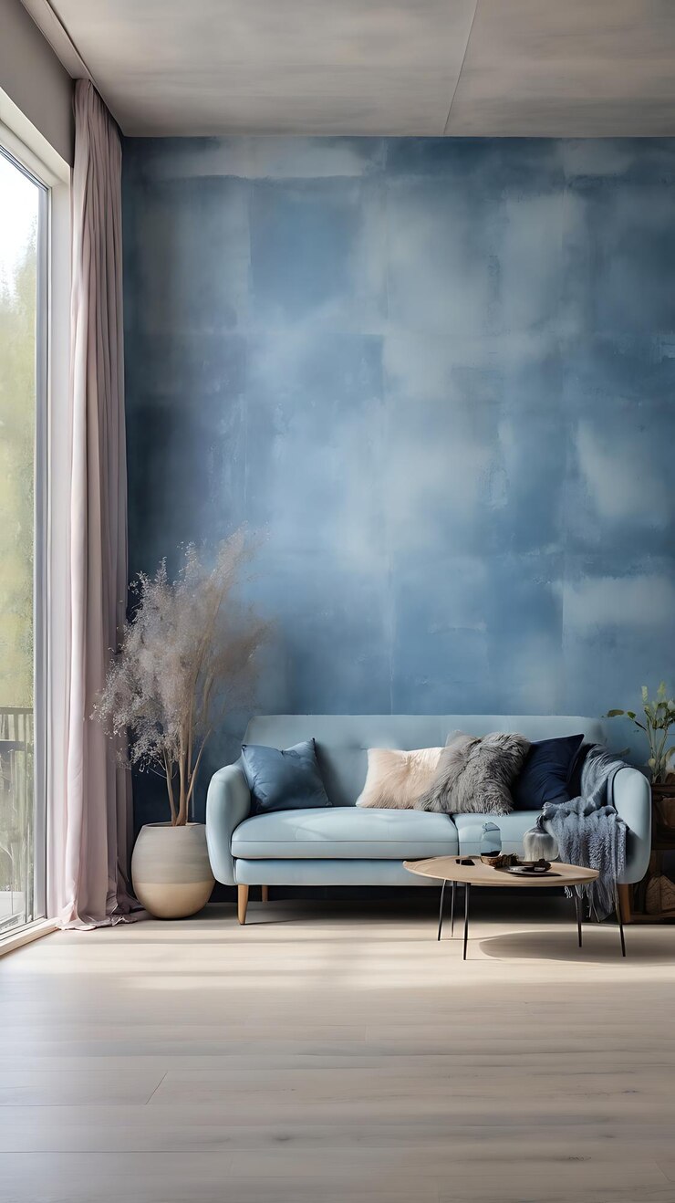 Diseño de sala de estar minimalista azul pared de color azul techo blanco sofá minimalista azul contra blanco