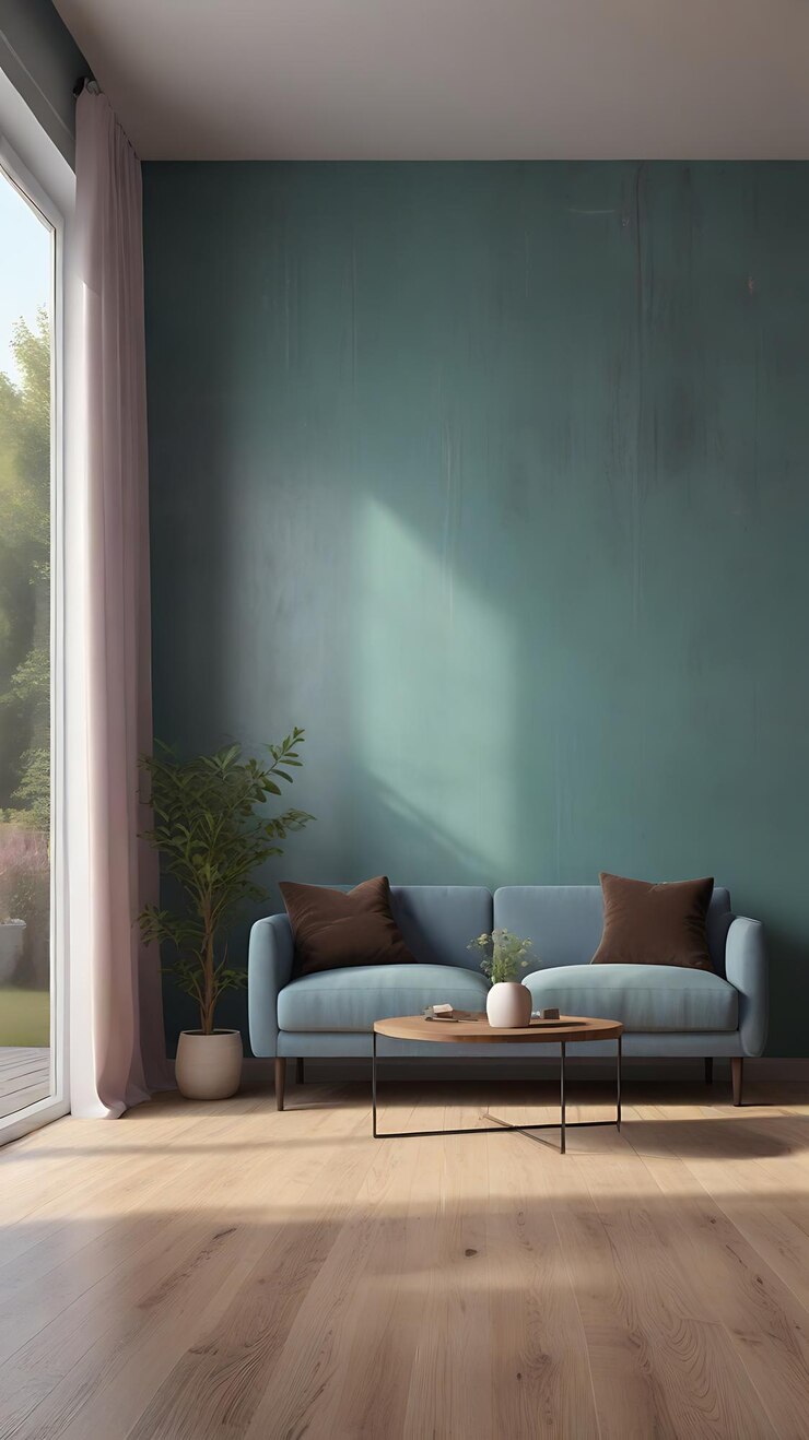Diseño de sala de estar minimalista azul pared de color azul techo blanco sofá minimalista azul contra blanco