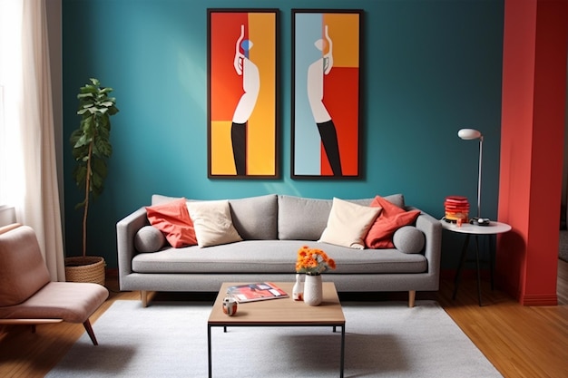 diseño de sala de estar minimalista con paredes coloridas y carteles fondo interior renderizado en 3D