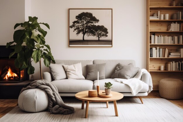 Diseño de sala de estar moderna Composición cálida y acogedora del interior escandinavo.