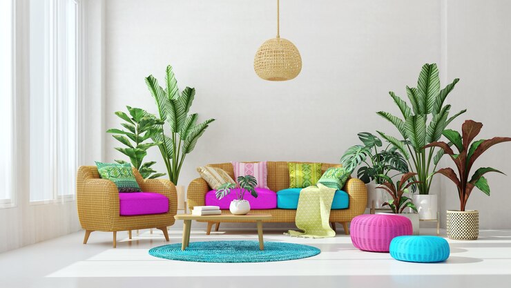 Diseño de sala de estar, sofá y sillón de ratán con planta en el fondo