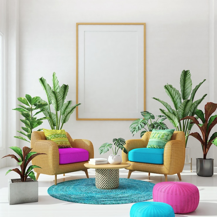 Diseño de sala de estar, sofá y sillón de ratán con planta en el fondo