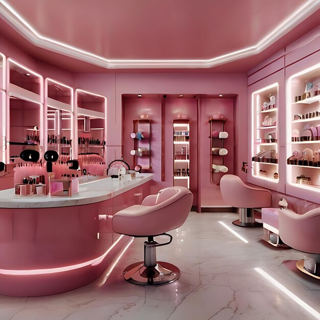 diseño de un salón de uñas y belleza gris en tonos rosados pastel con fondo rosado generado por ai