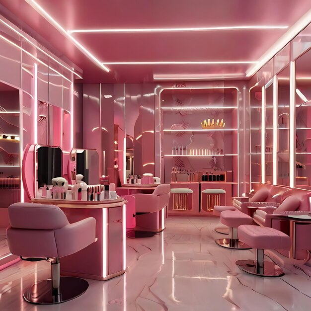 diseño de un salón de uñas y belleza gris en tonos rosados pastel con fondo rosado generado por ai