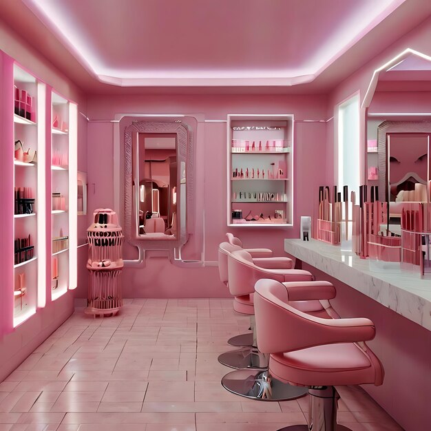 diseño de un salón de uñas y belleza gris en tonos rosados pastel con fondo rosado generado por ai