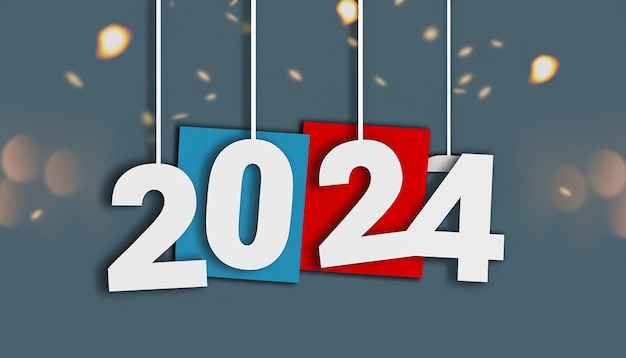 Diseño simple y limpio feliz año nuevo 2024 con números coloridos fondo premium de color brillante