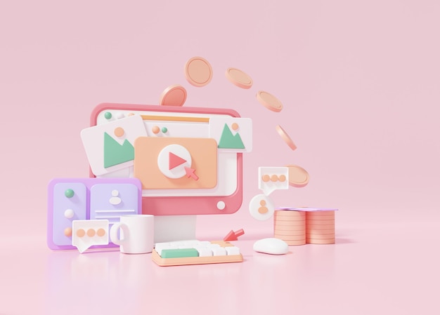 Diseño de sistema de marketing de búsqueda de PPC o concepto de pago por clic haga clic en una publicidad de computadora. Hacer dinero de transferencia flotante en la ilustración de fondo rosa pastel de la tarjeta de crédito, representación 3d