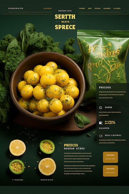 Diseño del sitio web Spaghetti Squash Snack Bag en tonos amarillos y verdes Diseño de flyer de cartel de bronce