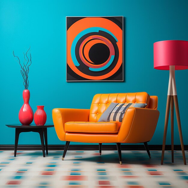 Un diseño de sofá interior minimalista con un esquema de colores audaz generado por Ai