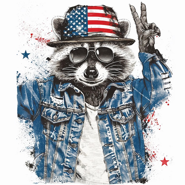 un diseño de un sombrero de bandera estadounidense y gafas de sol en la parte superior un mapaches con chaqueta de denim con estrellas en