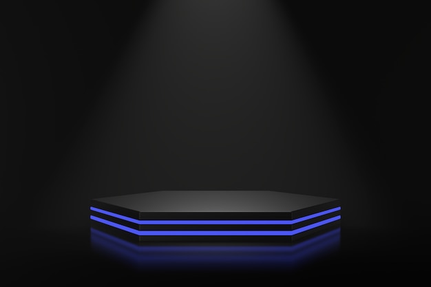 Diseño de stand de producto con iluminación azul. Representación 3D