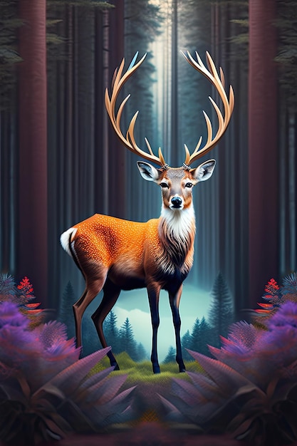 Diseño surrealista con ciervos del bosque abstracto