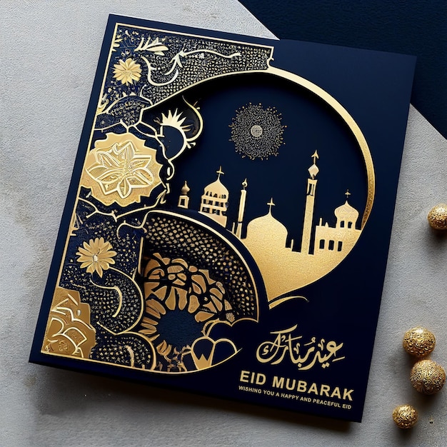 Diseño de tarjeta Eid Mubarak Saludos islámicos ilustración de tarjeta eid generada por ai