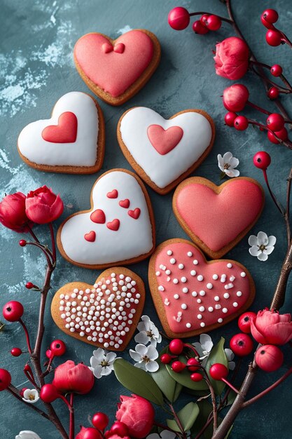 un diseño de tarjeta postal con galletas estilizadas en forma de corazón