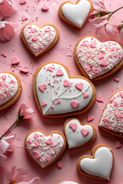 un diseño de tarjeta postal con galletas estilizadas en forma de corazón